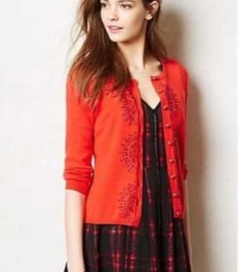 Anthropologie HWR Monogram Beaded Sunburst Cardigan Medium Cotton twee 2010s